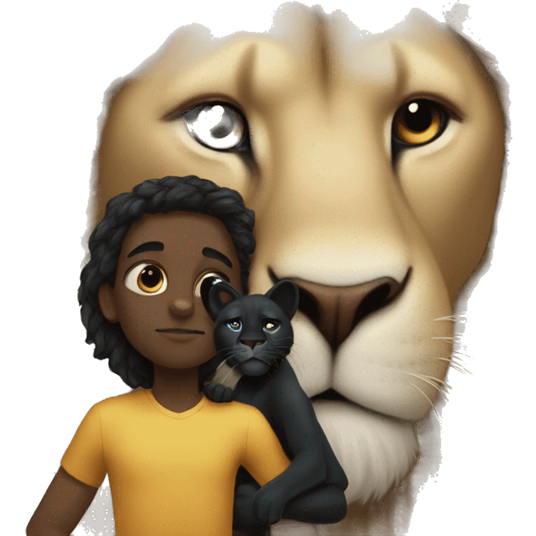 Big serious lion kissing a little young black panther emoji