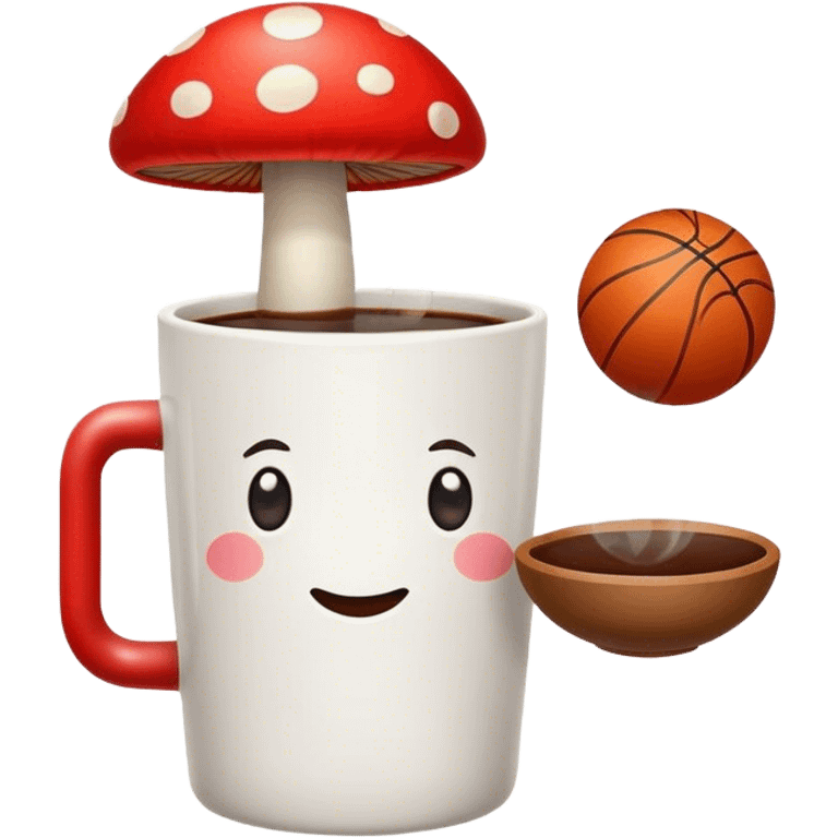 mushroom in coffee with a basketball next to cup  emoji