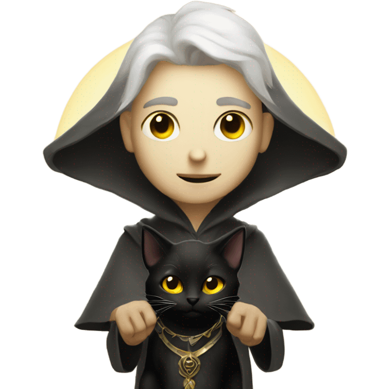 A sun warlock who is pale and is holding a black kitten emoji