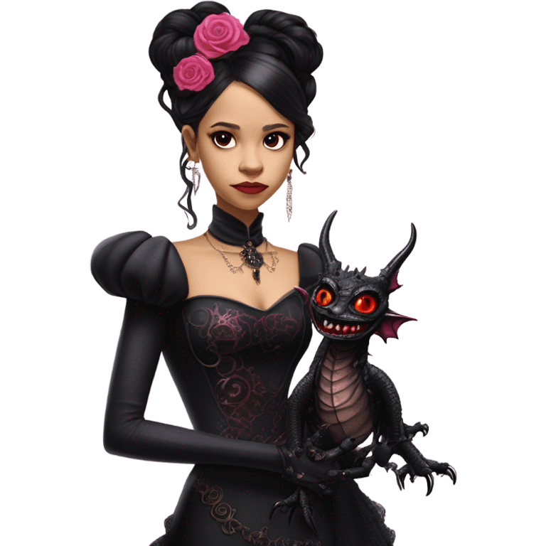 Lavish black evening gown with see-through gloves, Jenna Ortega as Addams woman wearing a steampunk mini tiara, very large blood pink evil-looking horned old dragon emoji