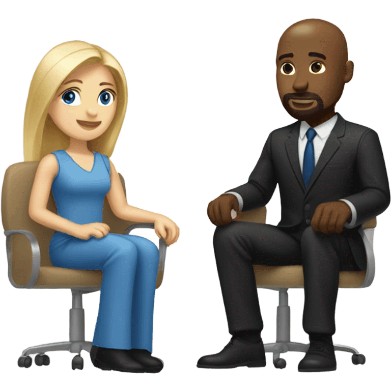 Blonde woman with blue eyes and long straight hair and black man who is bald with a goatee seated together with their legs touching. emoji