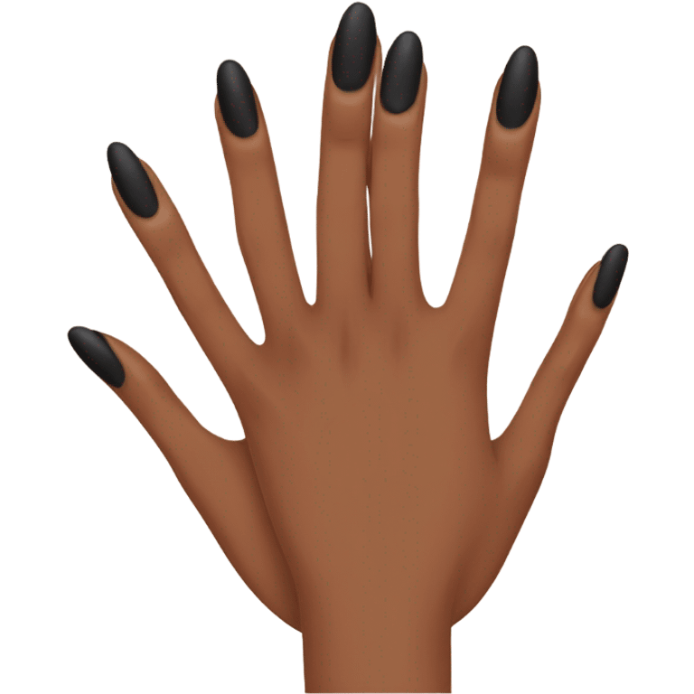 Brown girl hands with almond shaped manicure with black French tips emoji