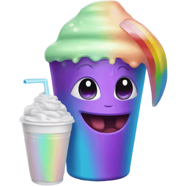 cute alien with rainbows drinking purple juice in styrofoam cup emoji