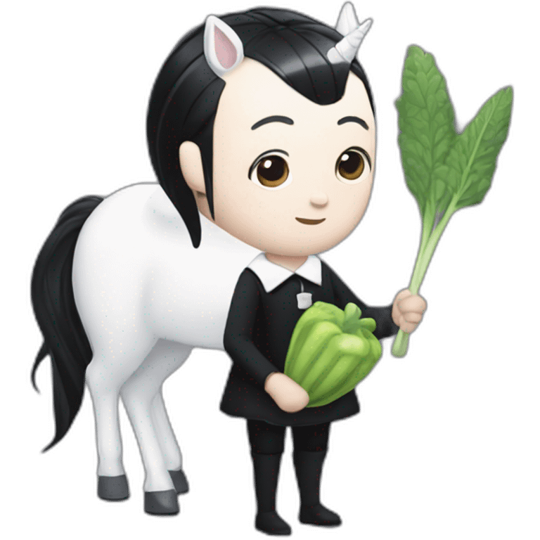 wednesday addams holding a picklewith pickel on his front as an unicorn emoji