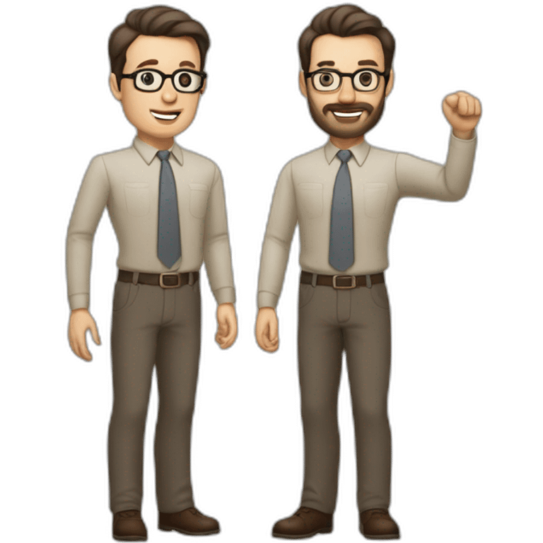 To belt Actively gesturing with hands Pale skinned fit man with dark brown hair in gray jacket, beige office shirt, brown tie, brown pants and vintage glasses. emoji