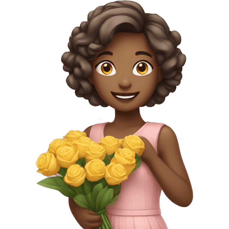 Girl standing in joyful manner with bouquet of flowers emoji