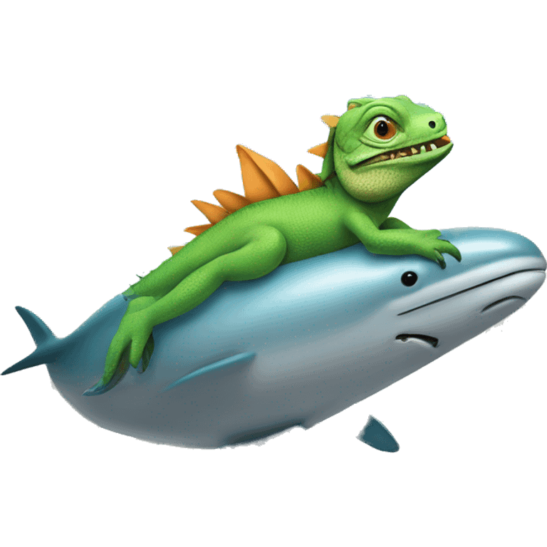 An iguana riding a dolphin while on an airplane  emoji