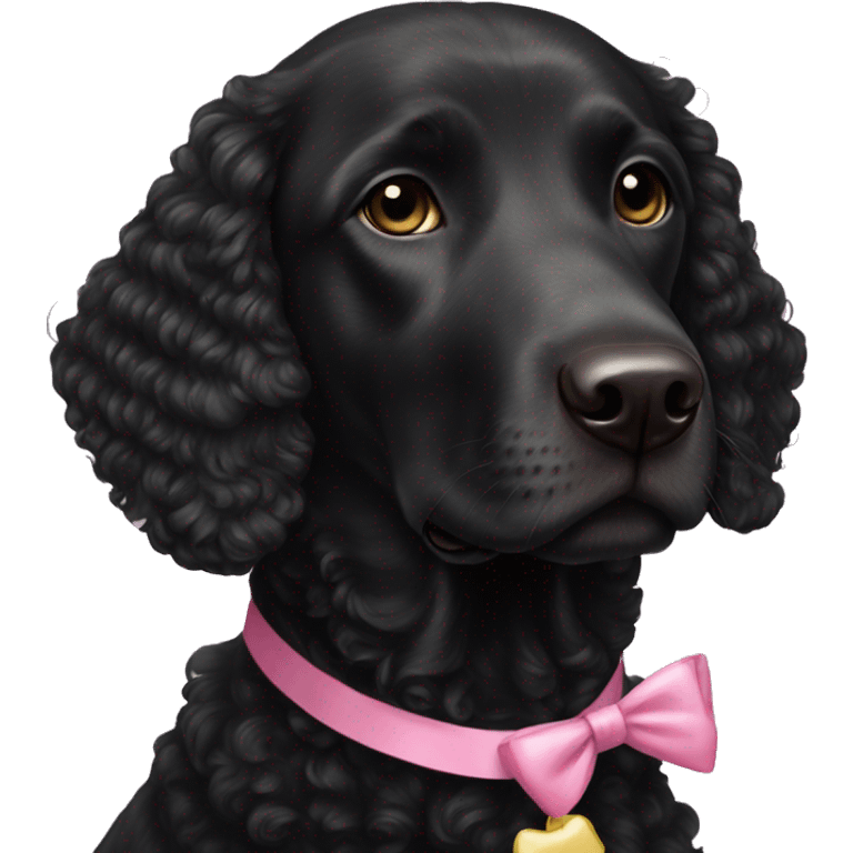 female black curly retriever with pink bows above her ears emoji