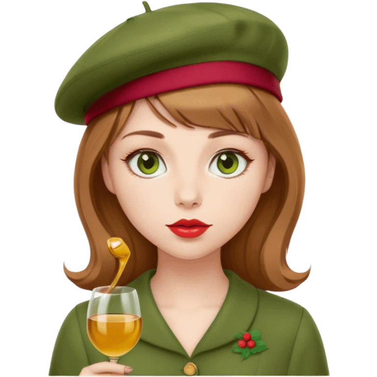 Pale girl with light brown hair and bangs, honey-colored eyes and wine-colored lips; wears a soft green dress with a red beret emoji