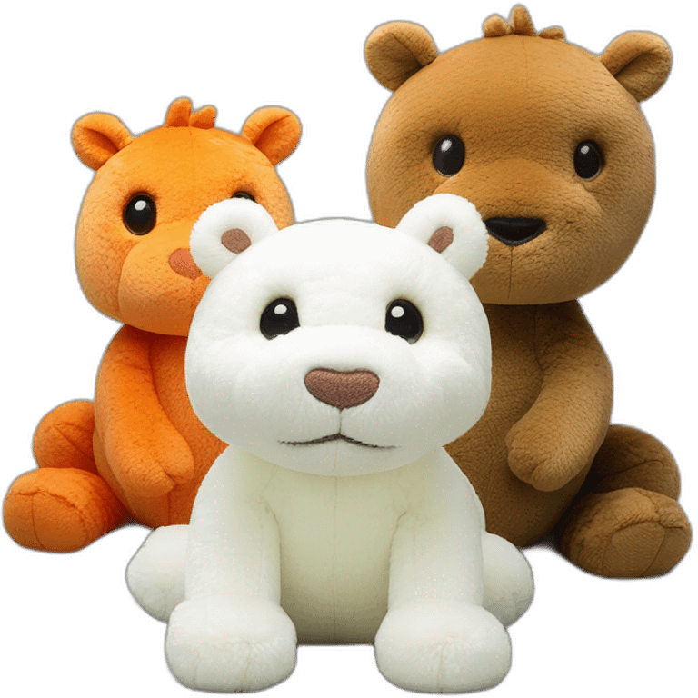 three jellycat dolls in a picture, white peluche dragon jellycat,hippopotamus jellycat, fox jellycat emoji