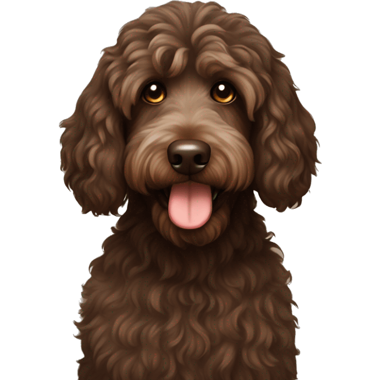 Dark brown Australian labradoodle with middle aged brown haired woman emoji