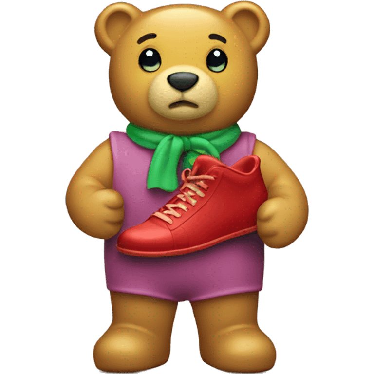 A gummy bear holding a shoe emoji