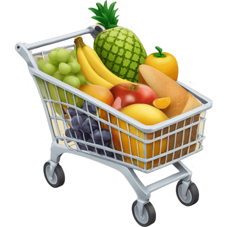 Grocery cart filled with fruit, vegetables, bread and milk emoji