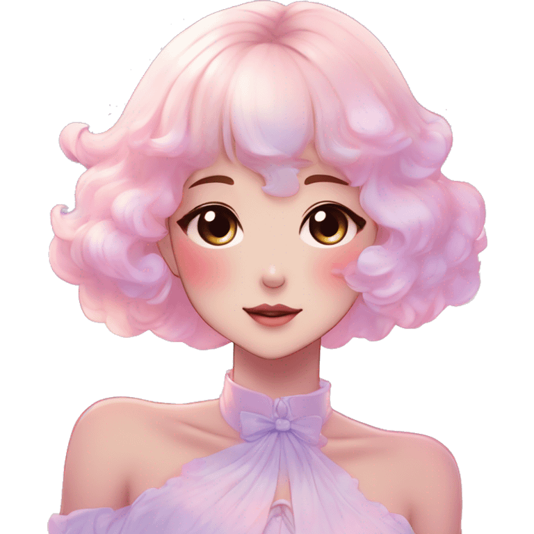 Gorgeous pastel anime style lady blushing nebula-gradient-sparkle face dreamy idol model colorful shiny stars galaxy kawaii cottagecore pearly petite simplistic aesthetic trending style emoji