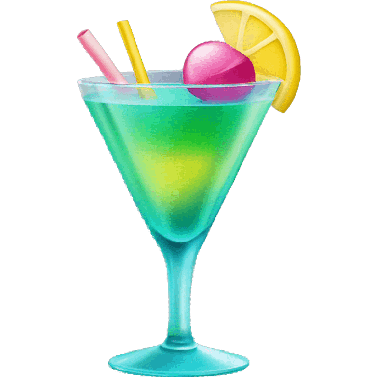 Bluish green cocktail with pink and yellow emoji