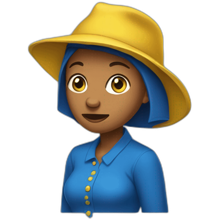 Lesotho woman with yellow hat, blue clothes, looking confused emoji