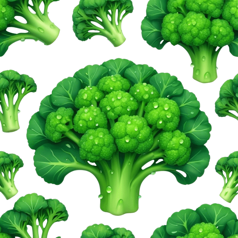 Cinematic lush green broccoli, detailed florets glistening with dewdrops, ultra-fresh and vibrant, soft glowing background, healthy and delicious. emoji