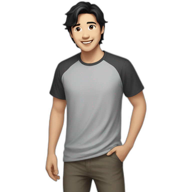 guy, black hair, medium length hair, in his 20s, very asian, smiling, t-shirt only, slight brown skin, dark brown eyes, slighty wavy hair emoji