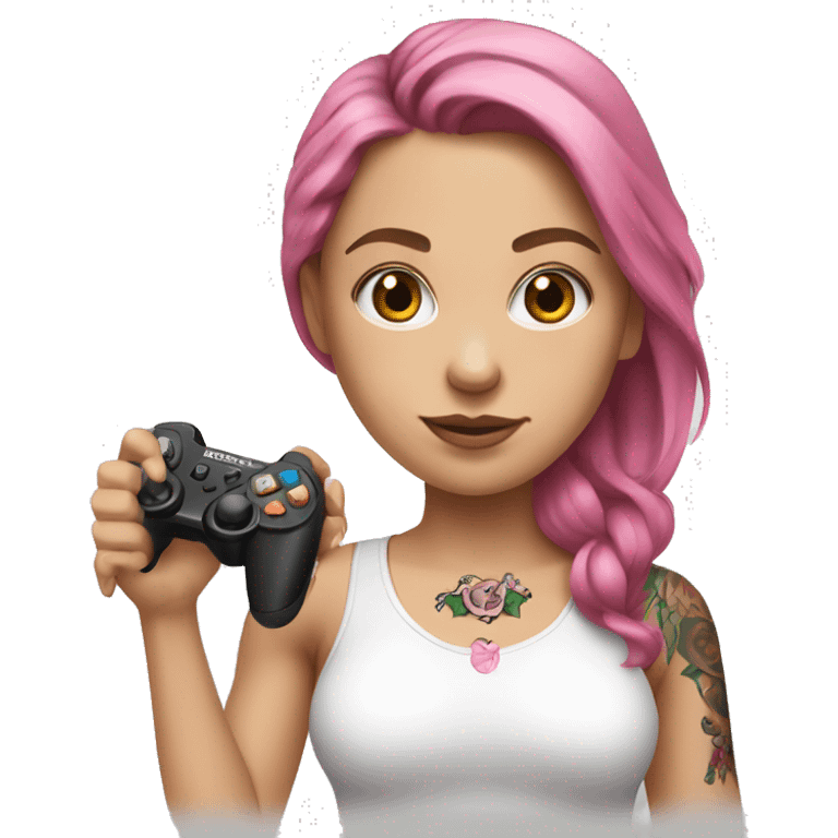 White girl with arm tattoo and brown hair holding a pink game controller emoji