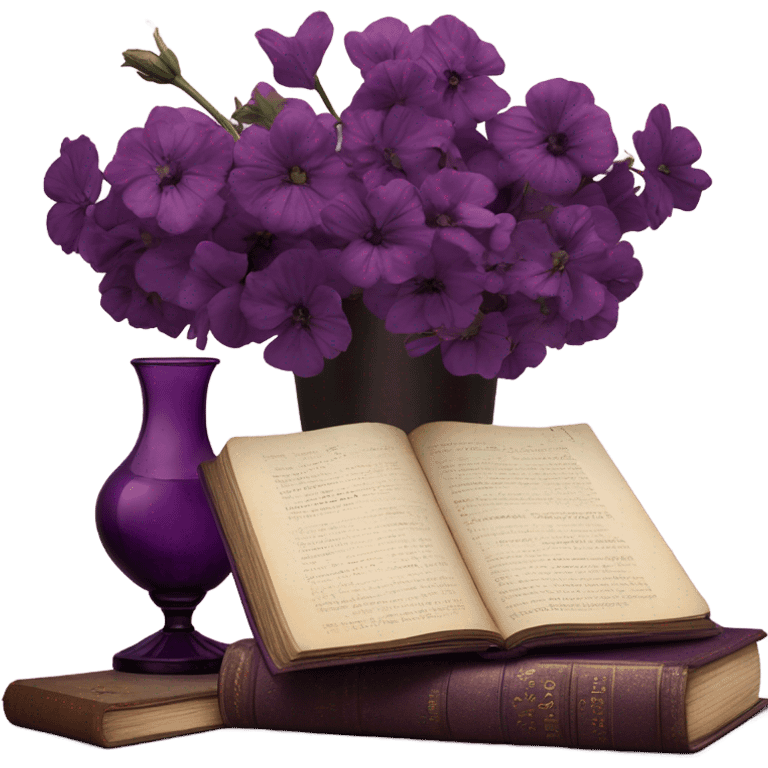 An aesthetic arrangement of a violet vintage book and dark magenta flowers in a light violet glass vase, surrounded by antique letters emoji