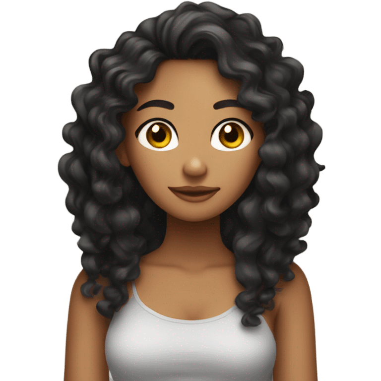 Tan girl with black long curly hair posing with hand in hair emoji