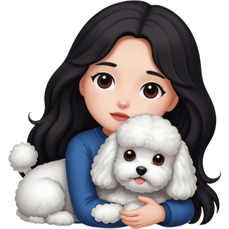 A girl with dark, long hair and a bichon emoji