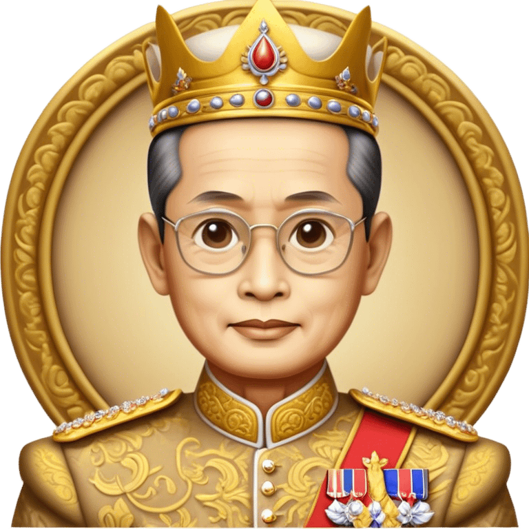 Cinematic Realistic King Bhumibol Adulyadej Portrait Emoji, depicted as a revered Thai monarch with a dignified expression and traditional royal attire, rendered with lifelike textures and soft regal lighting that captures his lasting legacy. emoji