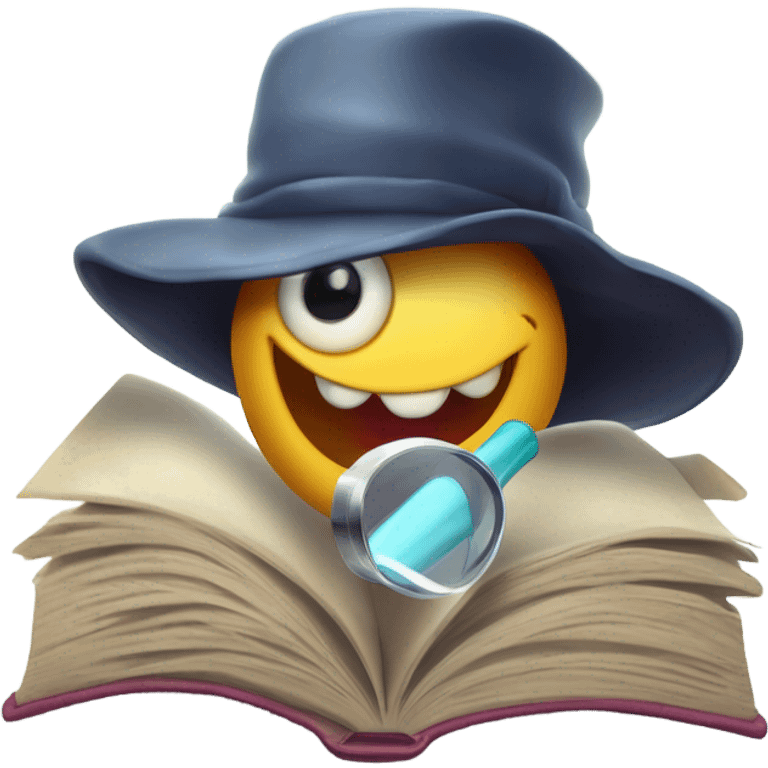 A cartoon worm wearing a detective hat, holding a magnifying glass, and popping out of an open book titled 'Wormholes for Beginners.' The worm has a cheeky, mischievous smile. Bright, playful colors with a simple background. emoji