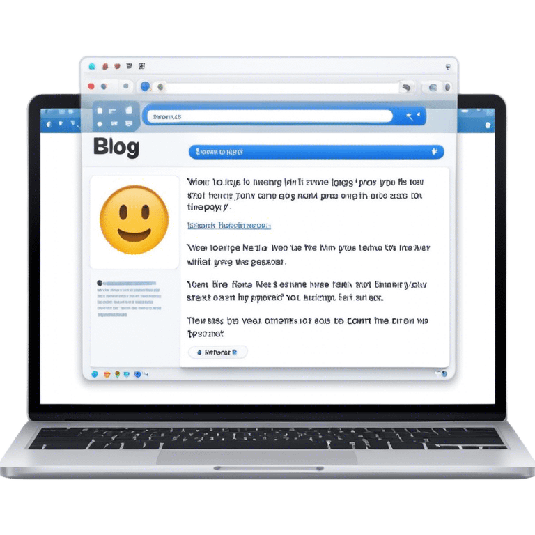 Create an emoji representing blogging as a form of content creation. The design should feature a laptop or desktop computer with an open blog page on the screen, showing visible text and perhaps a photo or graphic. Make the background transparent. emoji