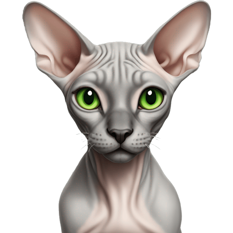 grey sphynx cat with green eyes and black nose emoji