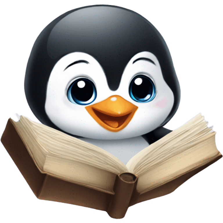 Smiling baby penguin with a book emoji