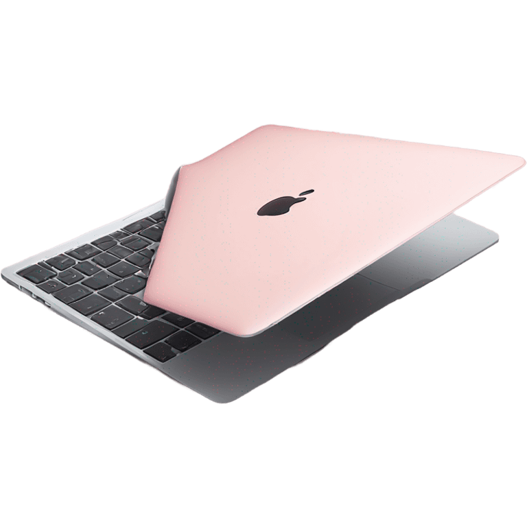 A sleek and modern MacBook Air laptop in a soft pastel pink color, placed on a white background. The Apple logo on the back of the screen is black, contrasting elegantly with the pink finish. The laptop is slightly open, showing a glimpse of the black keyboard and silver edges. The design is minimalist and stylish, reflecting a premium aesthetic. emoji