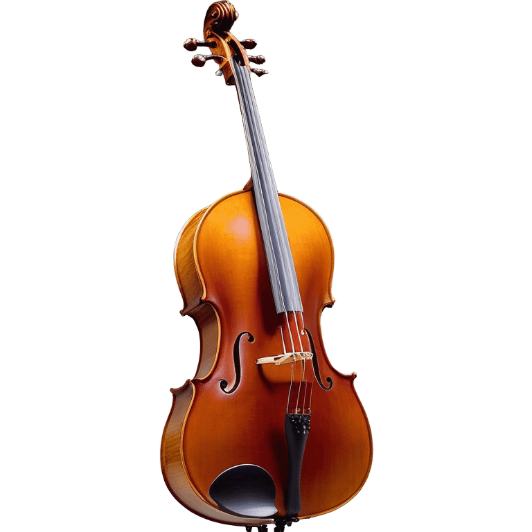 Create a refined and detailed emoji representing a Cremona 4/3F 4/4 cello with a bow. The design should feature the smooth, polished wooden body of the cello with a deep, rich tone color. The strings and tuning pegs should be visible, emphasizing the instrument's fine craftsmanship. Add a delicate bow placed gently across the strings, with intricate detailing on the hair and frog. Include subtle musical notes around the cello to evoke the graceful, classical sound. Use warm wood tones and accents like gold and silver for a professional, elegant look. The background should be transparent. emoji