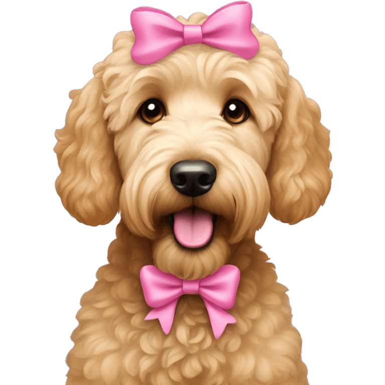 Goldendoodle with pink bow by its ear emoji