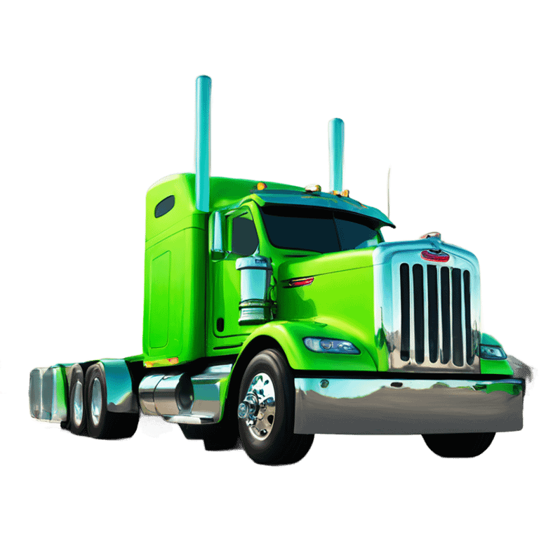 neon green peterbilt semi truck lowered on the ground with large chrome wheels and chrome smoke stacks emoji