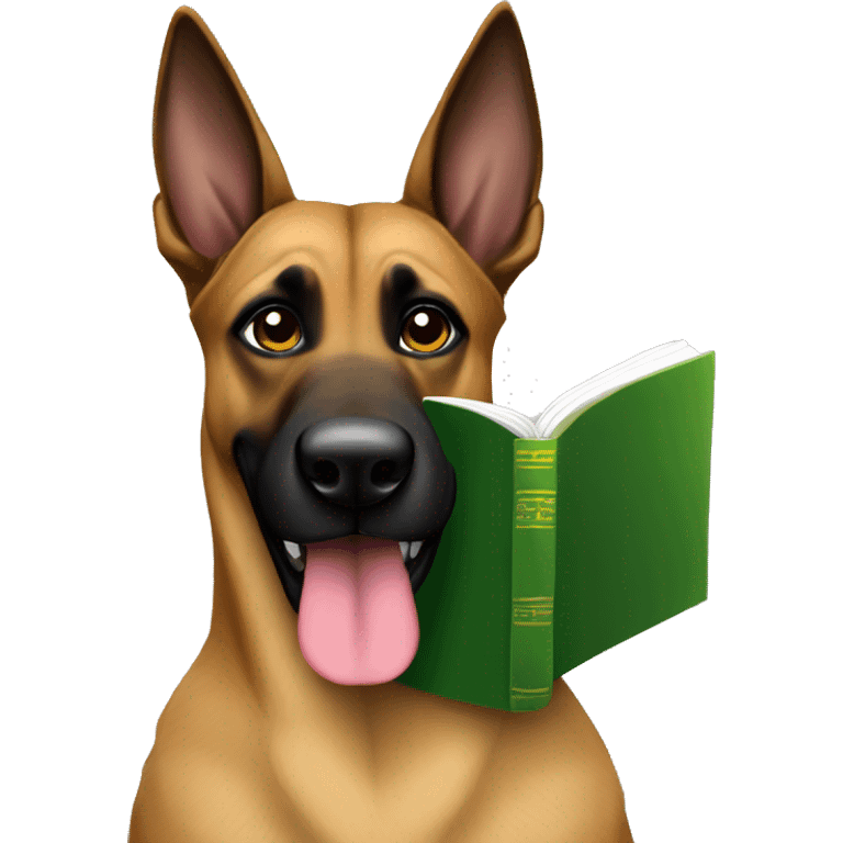 malinois prends des notes avec un livre emoji