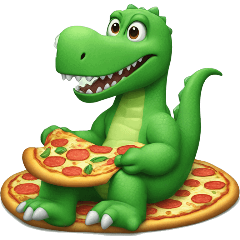 Green dinosaur eating a pizza whilst wearing pyjamas and fluffy white slippers emoji