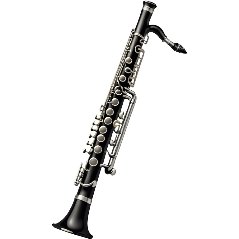 Create a sleek and professional emoji representing a black standard clarinet. The design should feature a smooth, glossy black body of the clarinet with shiny, silver keys clearly visible. Highlight the intricate details of the mouthpiece and reed at the top, while the body of the instrument should remain simple and elegant. Add subtle musical notes or soundwaves floating around the instrument to symbolize its clear, melodic sound. Use black for the body, silver for the keys, and soft lighting effects to give the instrument a polished, sophisticated look. The background should be transparent. emoji