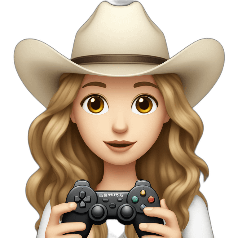 white girl with dark brown hair with a cowboy hat holding a black game controller emoji