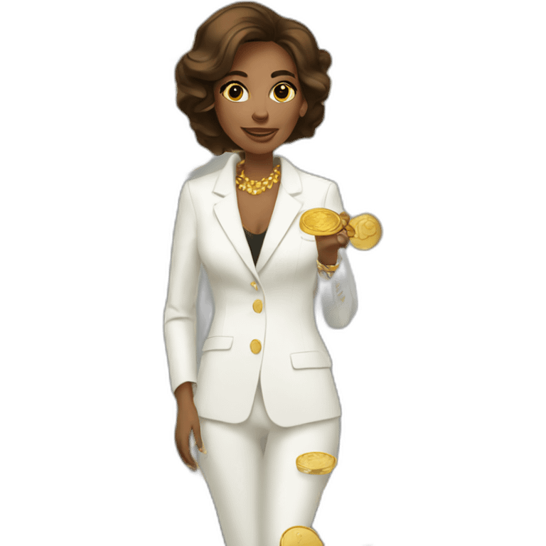 Posh-woman-with-white-suit-holding-golden-coins emoji