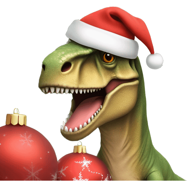 A T rex in a Christmas hat and jumper, next to a Christmas tree  emoji