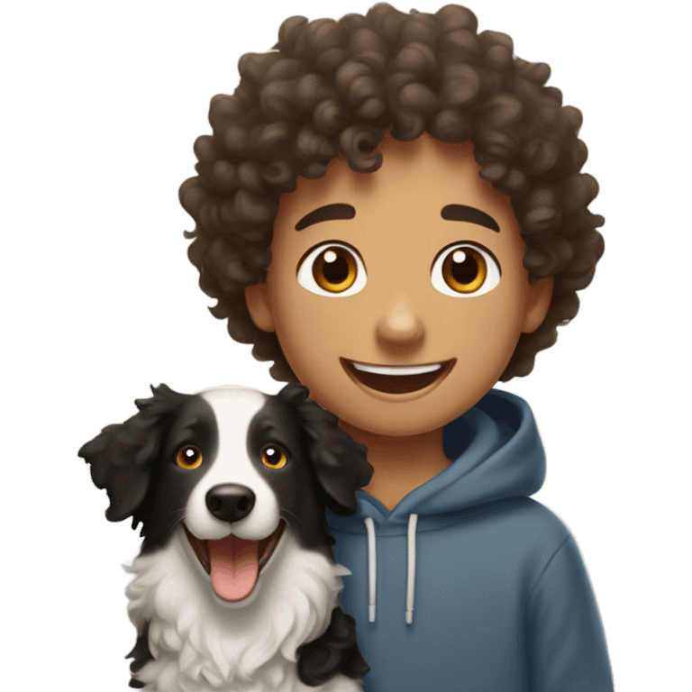 A happy curly-haired boy in a sweatshirt holds a border collie emoji