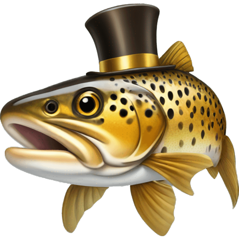 Brown trout wearing a top hat on head and a gold chain around his neck emoji