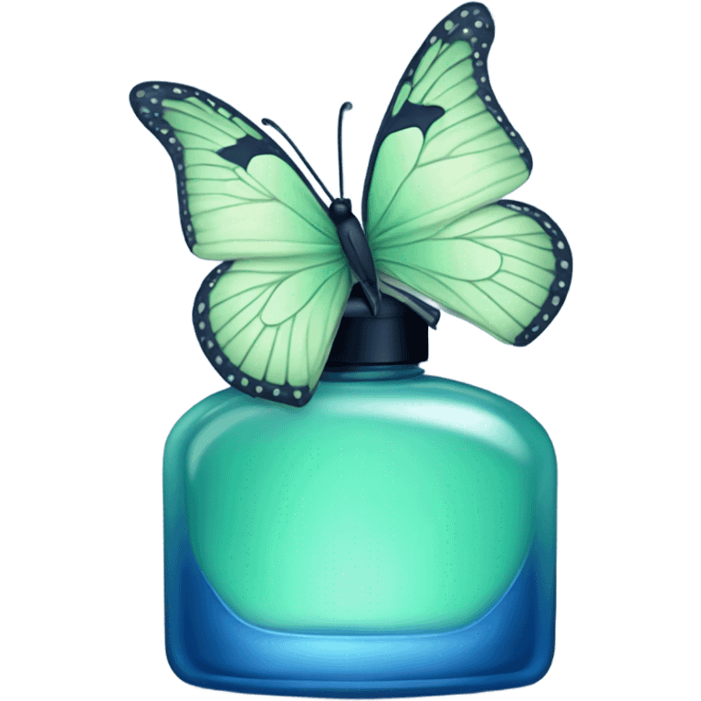  pastel green butterfly resting on an elegant blue perfume bottle with fork dark blue details. emoji