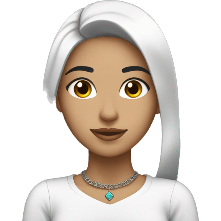 a moroccan young adult girl working on her laptop; whiter complexion, black hair wih choker emoji