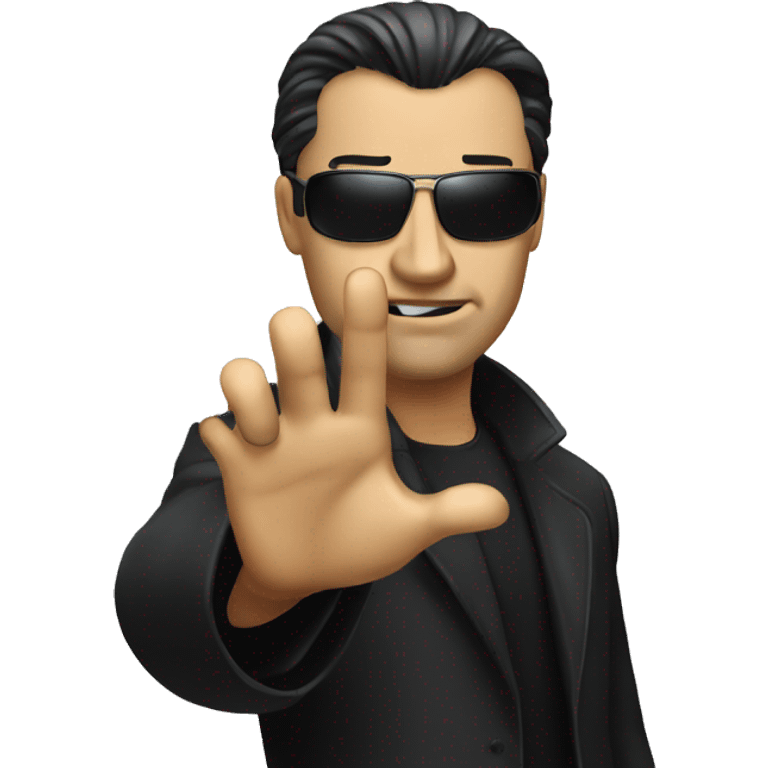 Neo from matrix waving with a serious face emoji