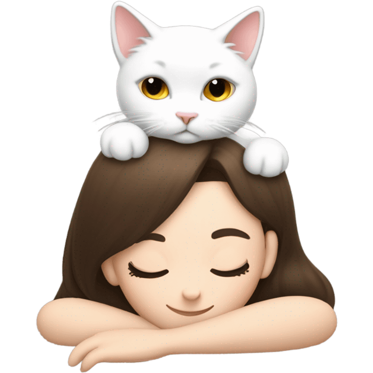 White kitty sleeping on brunette white girl's lap emoji