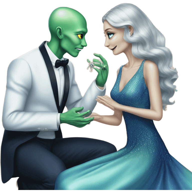 alien reptilian green skin woman, in long slim pastel blue formal party satin dress with gradient shiny sparkling navy blue diamonds embroidered , and caucasian man in black dres on his knees asks her to marry her emoji