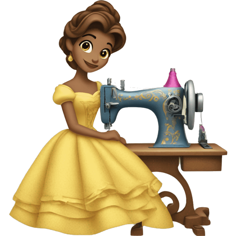 Belle from beauty and beast sewing with sewing machine emoji