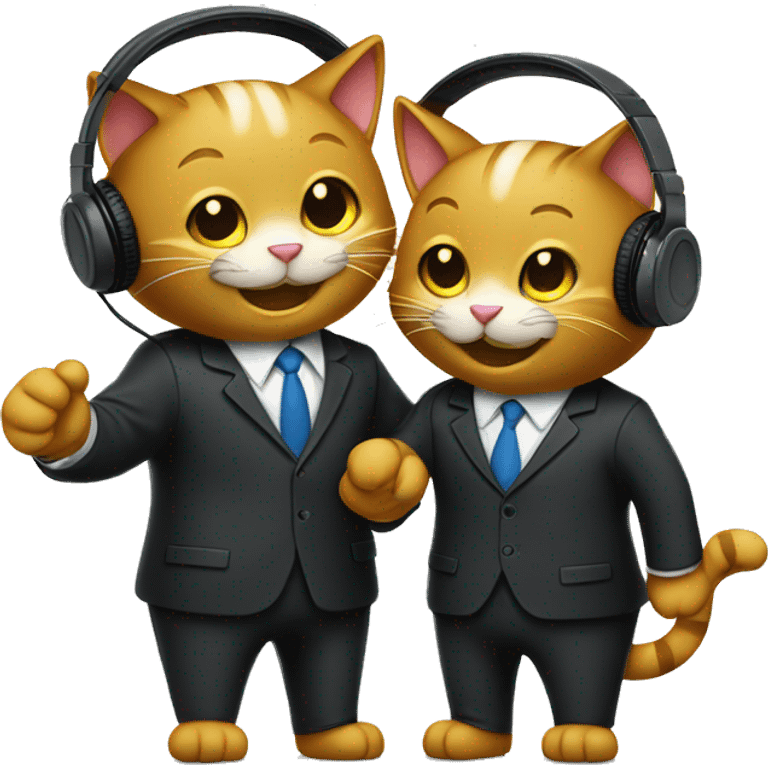 Two happy cats, shaking hands in suits with headphones on.   emoji